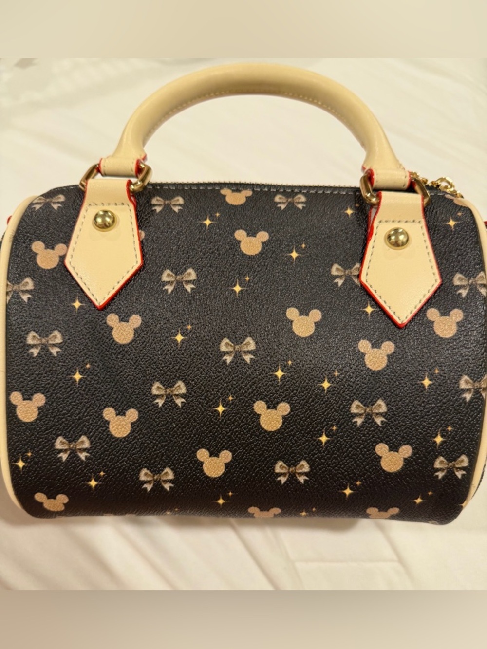 Brand New - Designer-Inspired Black Satchel with Cream and Red Handles
